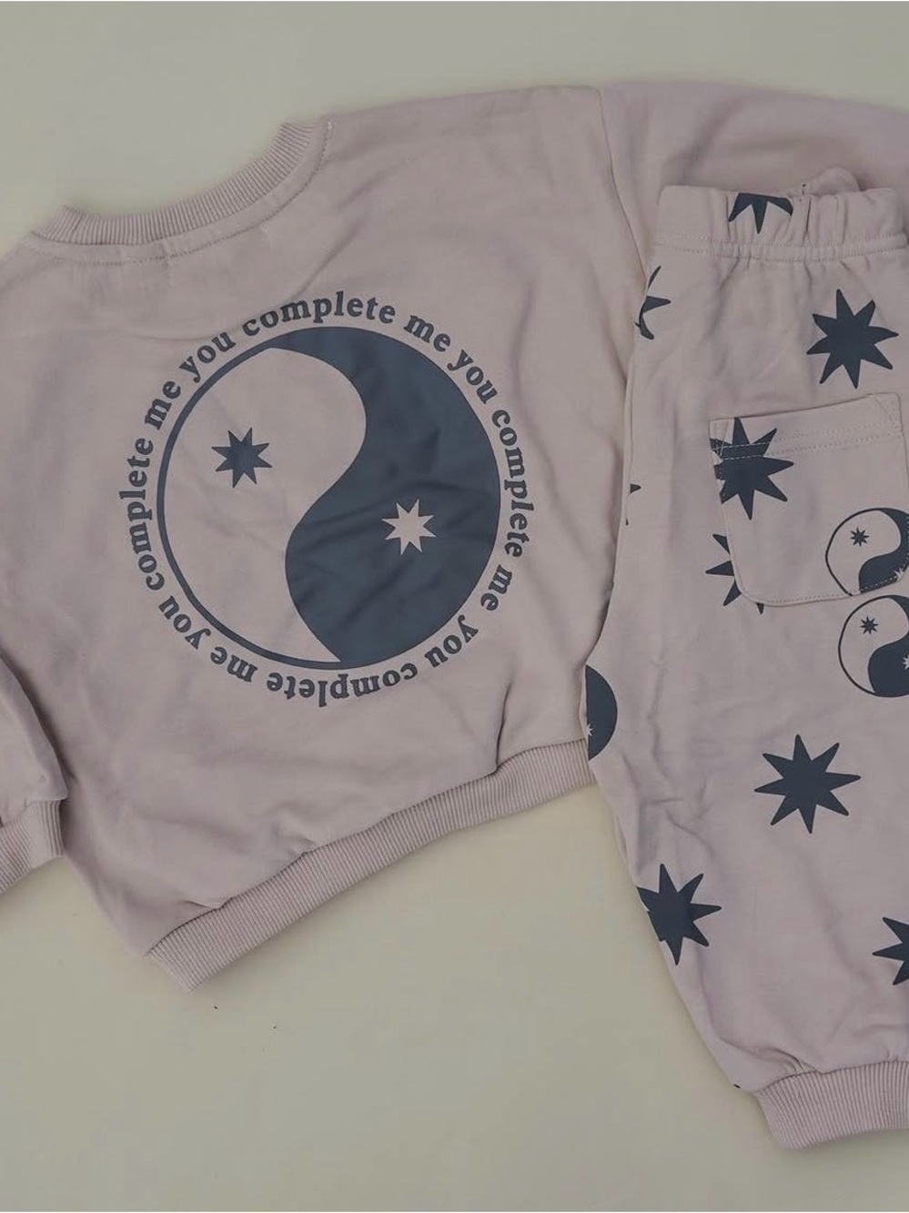 Kids Beige Star & Yin Yang Pajama Set - Cozy Neutral Lounge Set